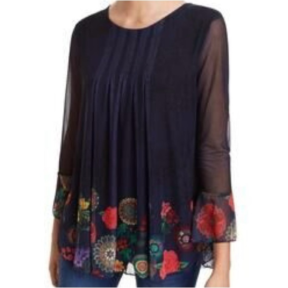 Desigual| Navy Floral Edged Pleated Blouse with Sheer Sleeves Sz S